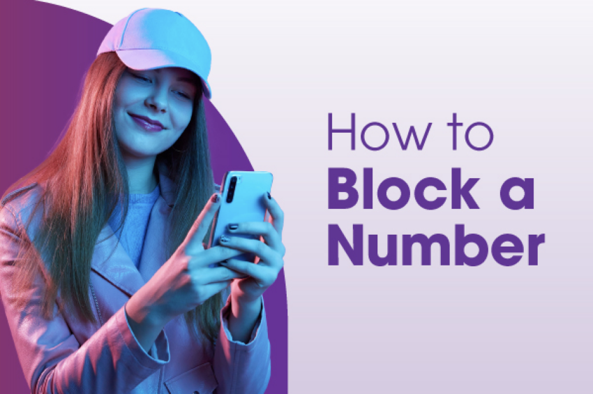 A women with a hat on smiling into her phone with the title How to Block Your Number on the right